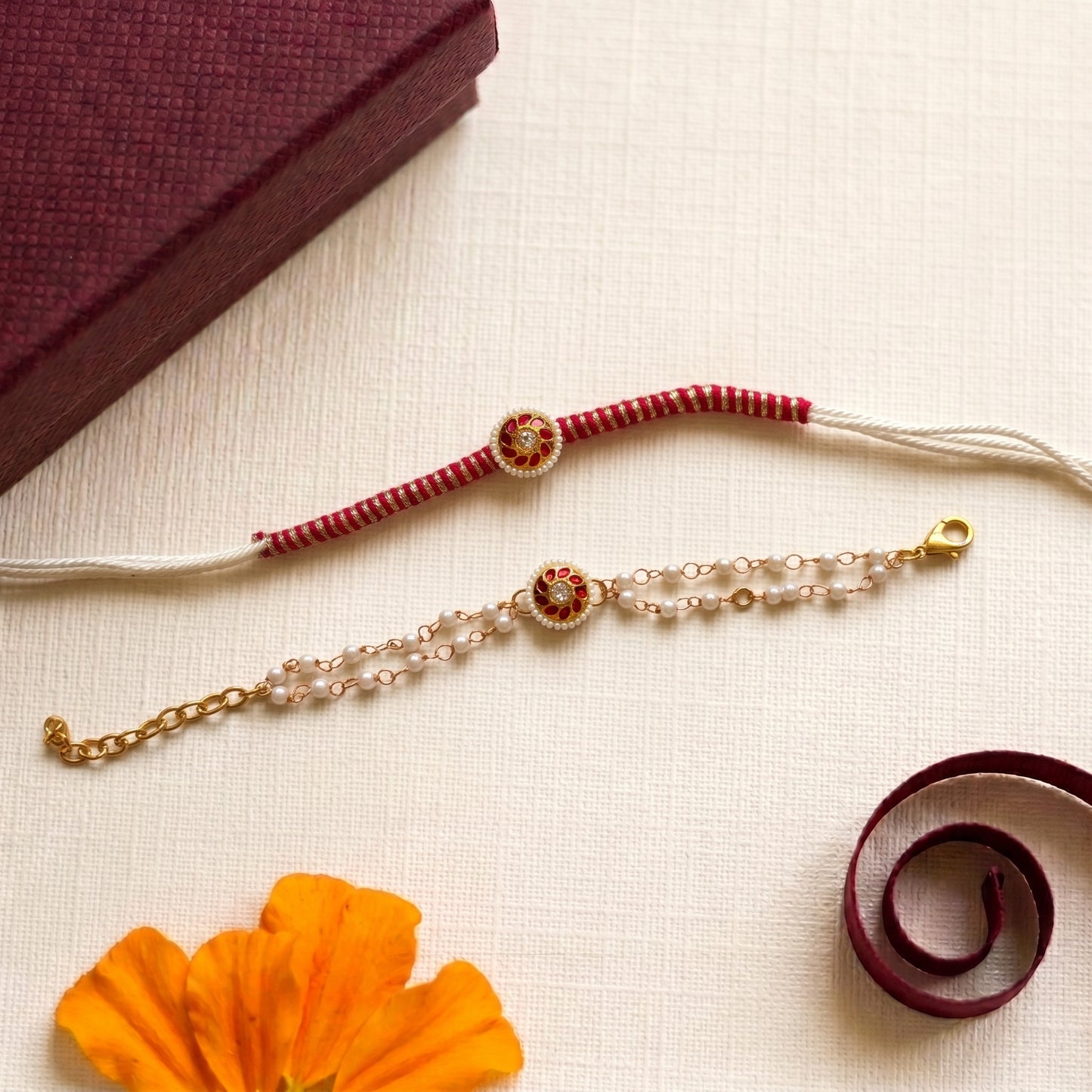 Traditional Pearl Bhaiya Bhabhi Rakhi Combo | Designer Rakhi & Bracelet Set