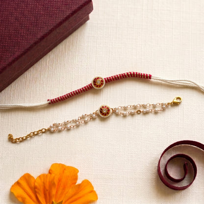 Traditional Pearl Bhaiya Bhabhi Rakhi Combo | Designer Rakhi & Bracelet Set