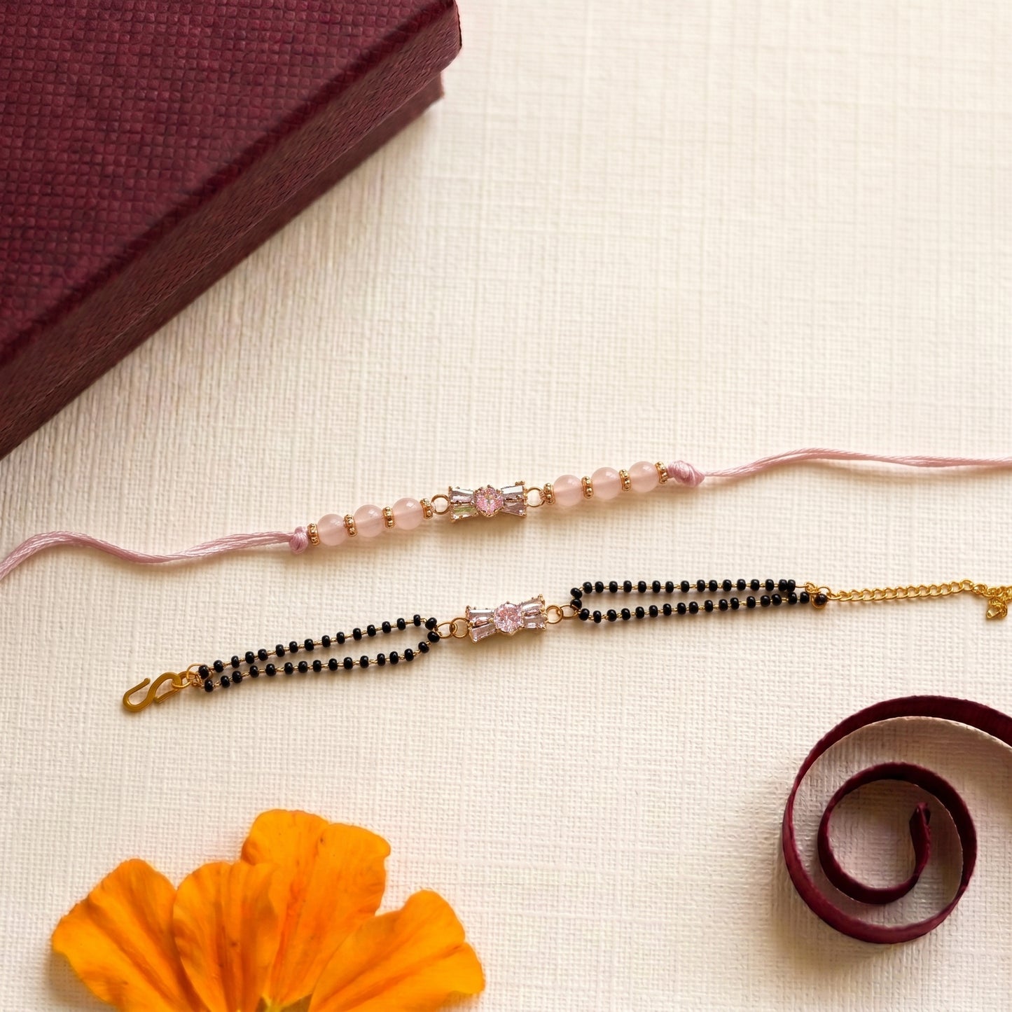 Elegant Pink Stone Bhaiya Bhabhi Rakhi Combo | Designer Rakhi & Bracelet Set