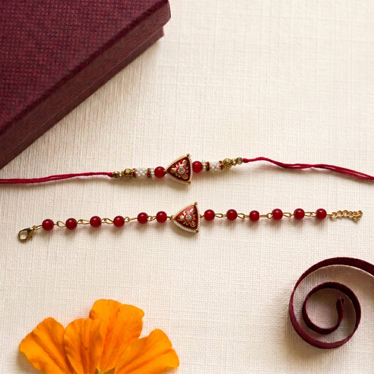 Traditional Red Bead Bhaiya Bhabhi Rakhi Combo | Designer Rakhi & Bracelet Set