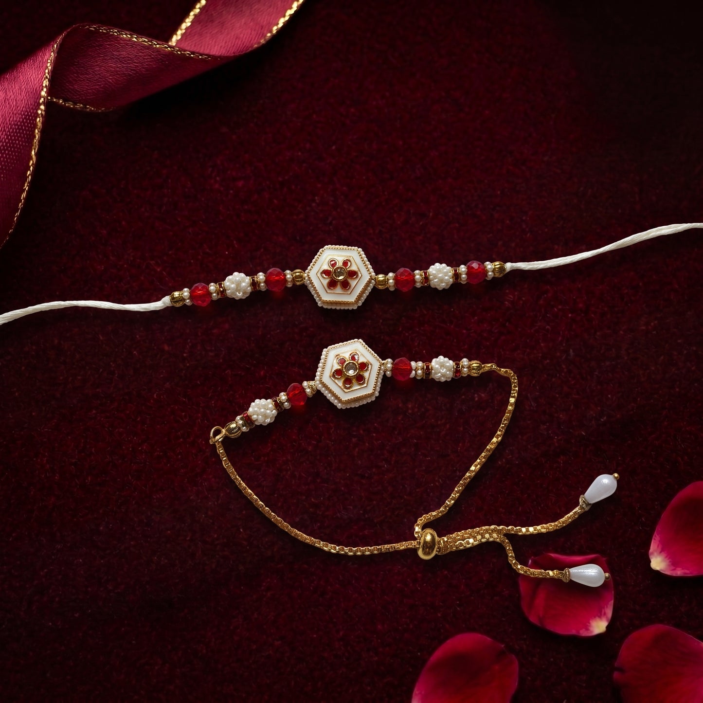 Elegant Floral Bhaiya Bhabhi Rakhi Combo | Pearl & Red Crystal Rakhi Bracelet Set