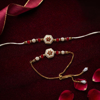 Elegant Floral Bhaiya Bhabhi Rakhi Combo | Pearl & Red Crystal Rakhi Bracelet Set