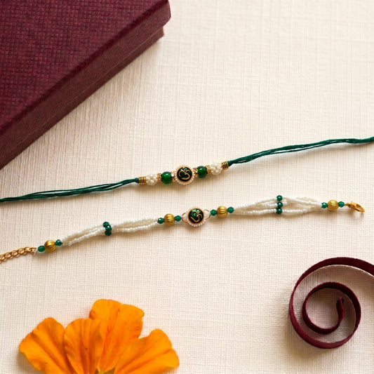 Om Bhaiya Bhabhi Rakhi Combo | Green Beaded Pearl Rakhi & Bracelet Set