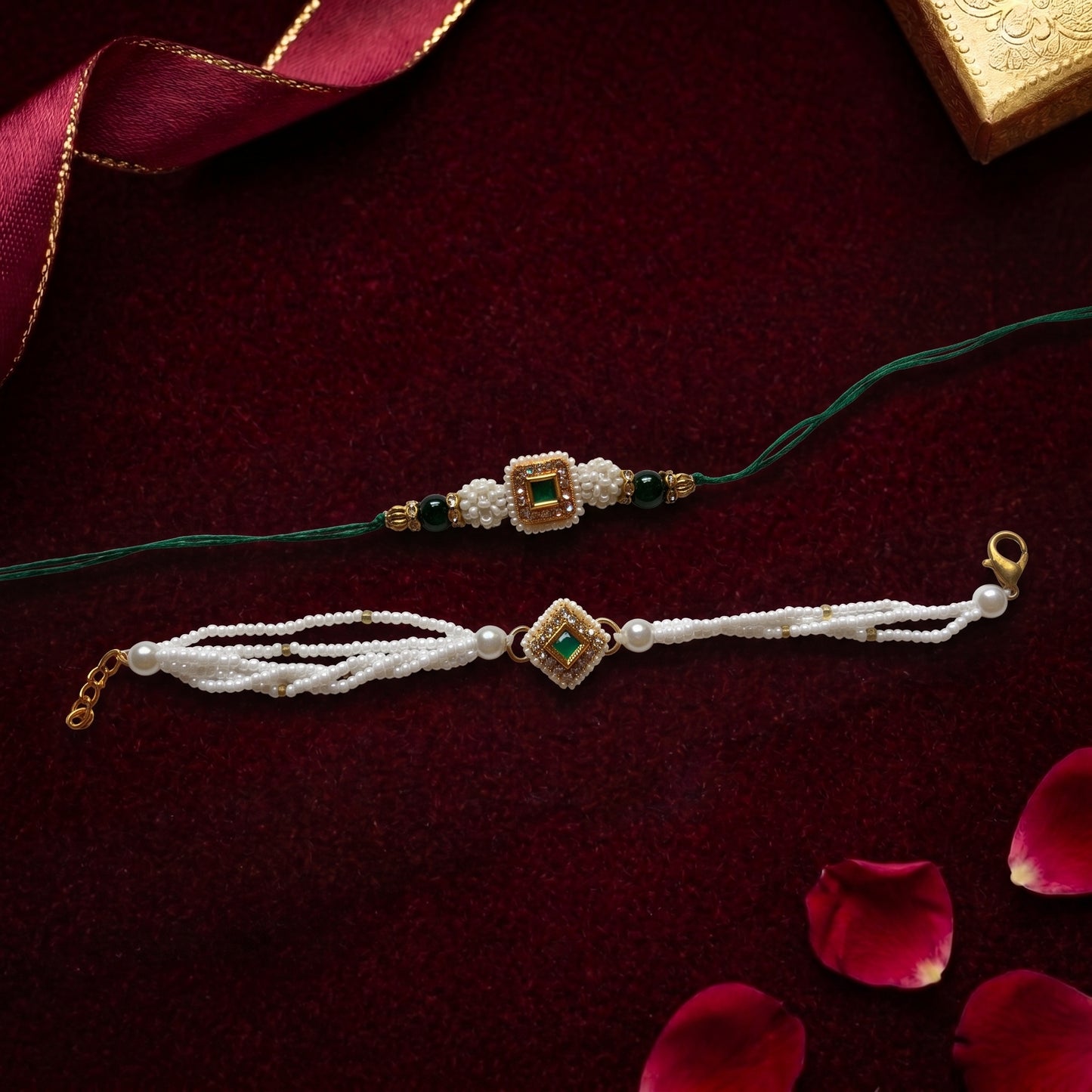 Emerald Pearl Bhaiya Bhabhi Rakhi Combo | Green Stone & Pearl Rakhi Bracelet Set