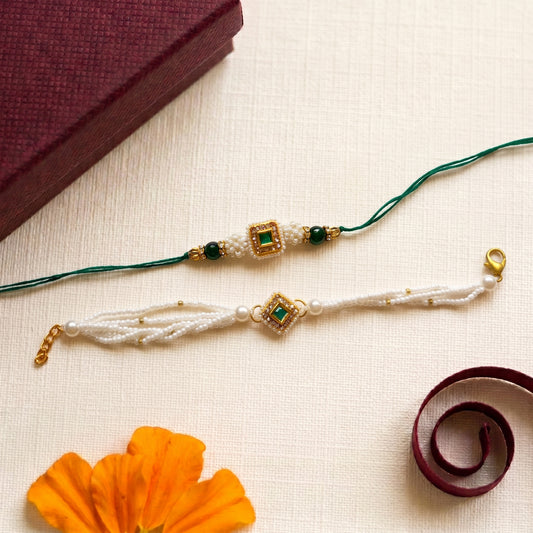 Emerald Pearl Bhaiya Bhabhi Rakhi Combo | Green Stone & Pearl Rakhi Bracelet Set