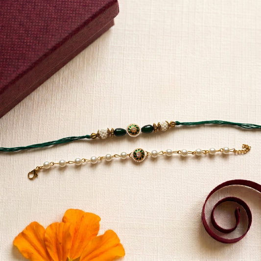 Emerald Pearl Bhaiya Bhabhi Rakhi Combo | Green Pearl Rakhi & Bracelet Set