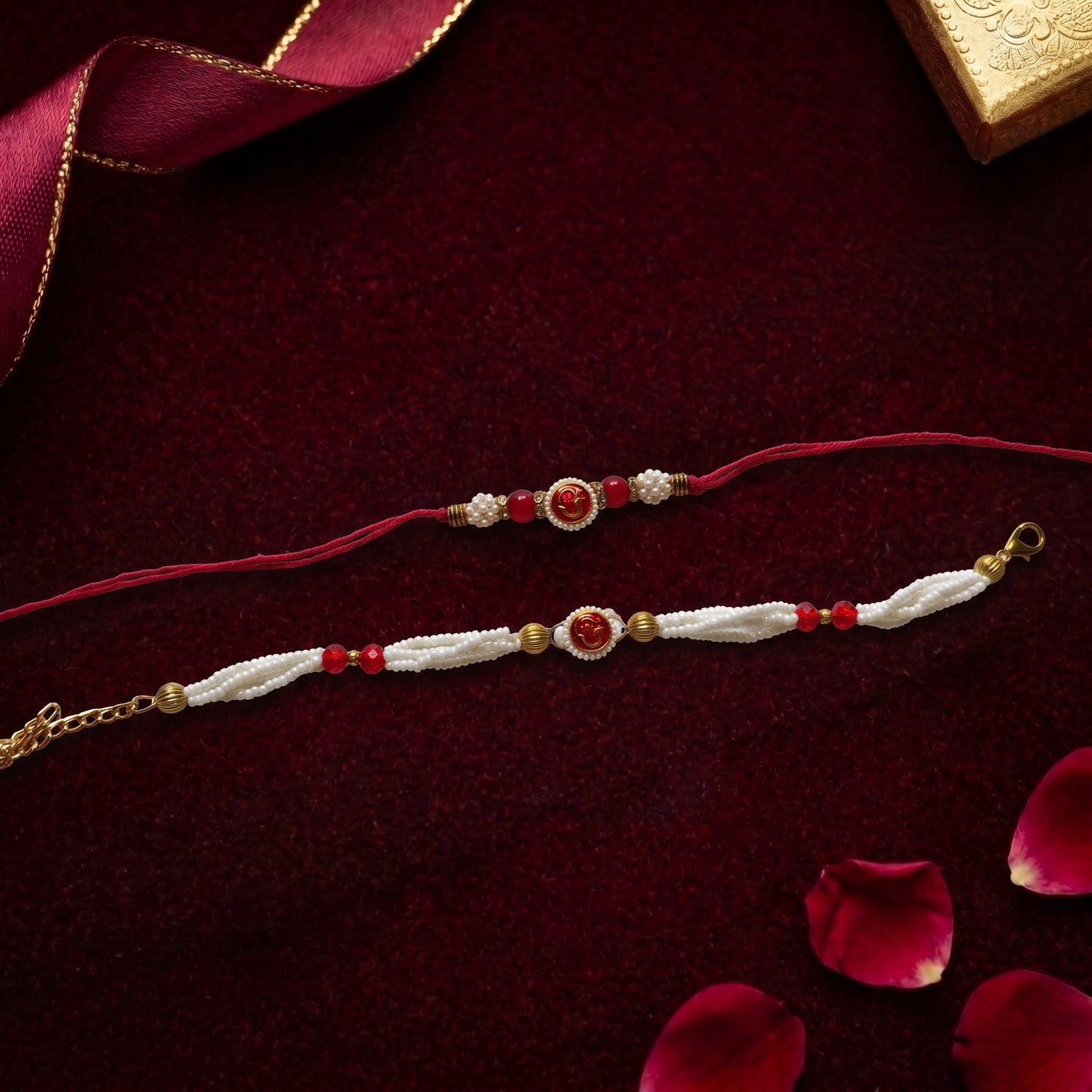 Om Bhaiya Bhabhi Rakhi Combo | Red Pearl Rakhi & Bracelet Set