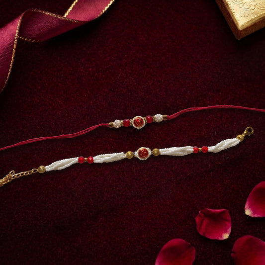 Om Bhaiya Bhabhi Rakhi Combo | Red Pearl Rakhi & Bracelet Set
