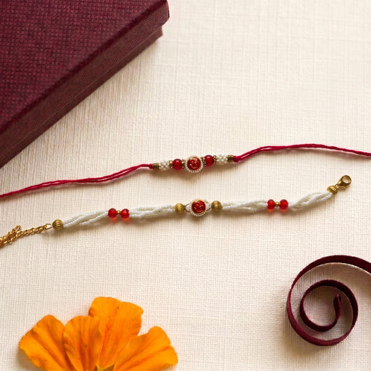 Om Bhaiya Bhabhi Rakhi Combo | Red Pearl Rakhi & Bracelet Set