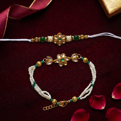 Floral Kundan Bhaiya Bhabhi Rakhi Combo | Green Pearl Rakhi & Bracelet Set