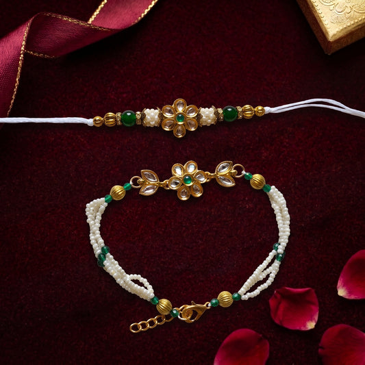Floral Kundan Bhaiya Bhabhi Rakhi Combo | Green Pearl Rakhi & Bracelet Set
