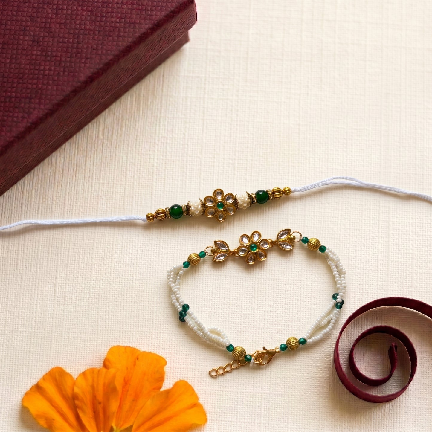 Floral Kundan Bhaiya Bhabhi Rakhi Combo | Green Pearl Rakhi & Bracelet Set