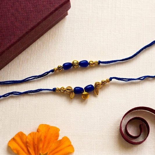 Blue Beaded Bhaiya Bhabhi Rakhi Combo | Minimal Charm Rakhi & Lumba Set