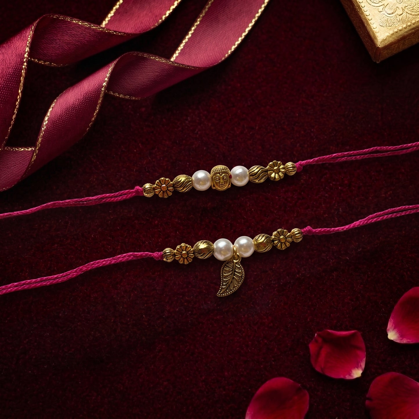 Minimal Buddha Bhaiya Bhabhi Rakhi Combo | Pearl Beaded Rakhi & Leaf Charm Lumba