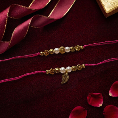 Minimal Buddha Bhaiya Bhabhi Rakhi Combo | Pearl Beaded Rakhi & Leaf Charm Lumba