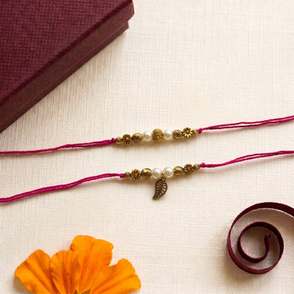 Minimal Buddha Bhaiya Bhabhi Rakhi Combo | Pearl Beaded Rakhi & Leaf Charm Lumba