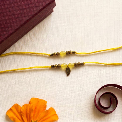 Minimal Yellow Beaded Bhaiya Bhabhi Rakhi Combo | Handcrafted Rakhi & Leaf Charm Lumba Set