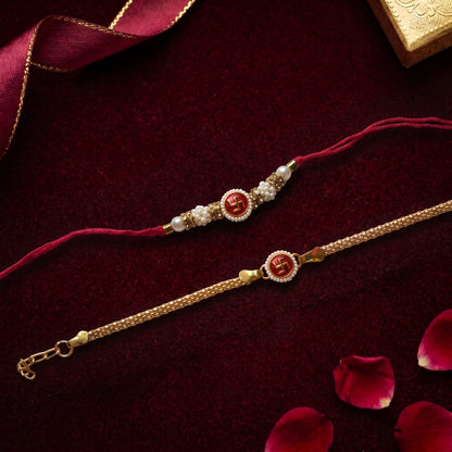 Swastik Bhaiya Bhabhi Rakhi Combo | Pearl Beaded Rakhi & Gold Bracelet Lumba Set