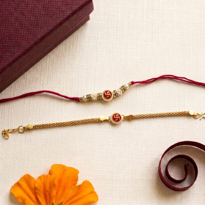 Swastik Bhaiya Bhabhi Rakhi Combo | Pearl Beaded Rakhi & Gold Bracelet Lumba Set