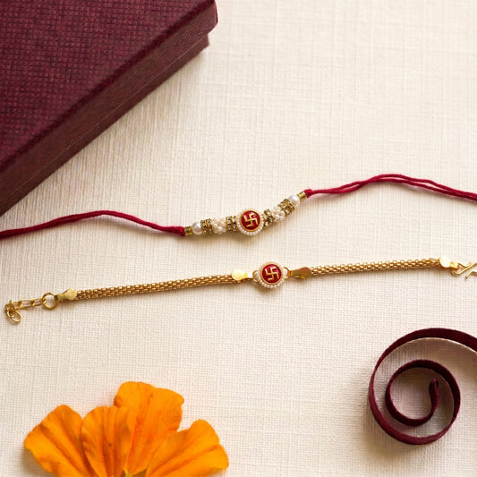 Swastik Bhaiya Bhabhi Rakhi Combo | Pearl Beaded Rakhi & Gold Bracelet Lumba Set