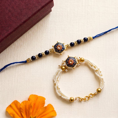 Royal Blue Kundan Bhaiya Bhabhi Rakhi Combo | Handcrafted Beaded Rakhi & Pearl Lumba Set