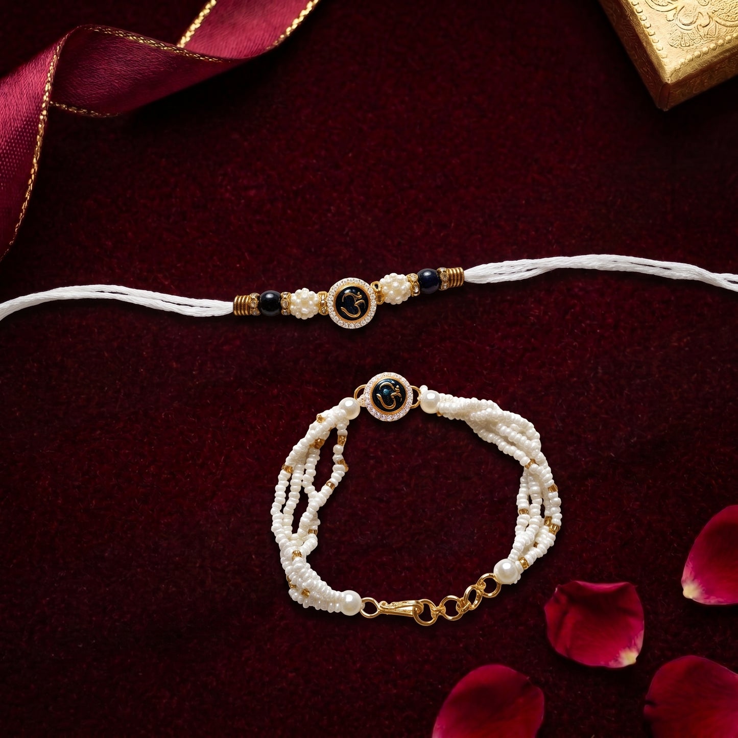 Om Bhaiya Bhabhi Rakhi Combo | Pearl Beaded Rakhi & Elegant Pearl Lumba Bracelet Set