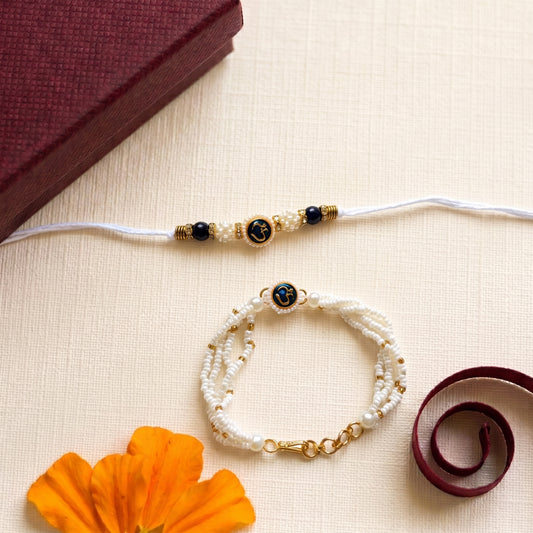 Om Bhaiya Bhabhi Rakhi Combo | Pearl Beaded Rakhi & Elegant Pearl Lumba Bracelet Set