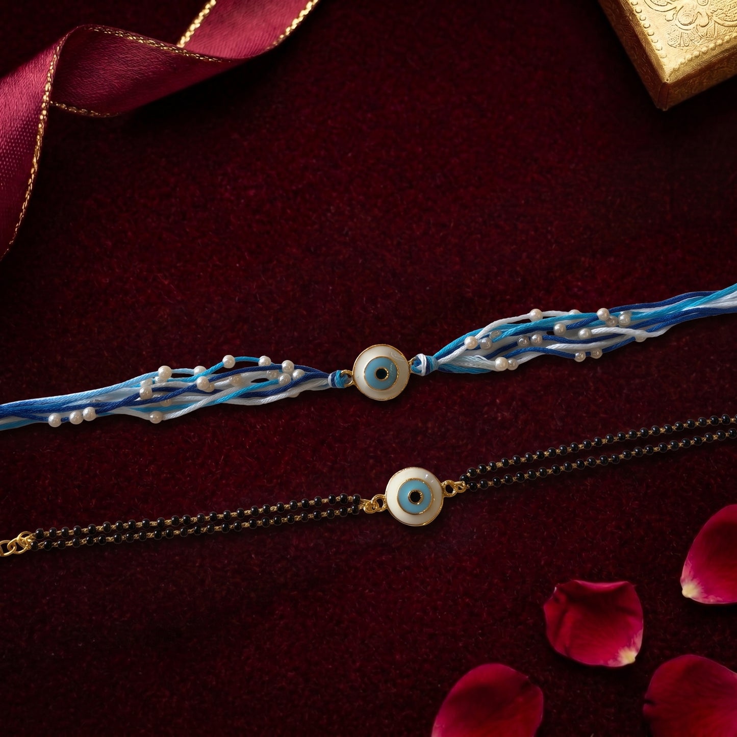 Evil Eye Bhaiya Bhabhi Rakhi Combo | Blue Thread Rakhi & Black Beaded Lumba Bracelet Set