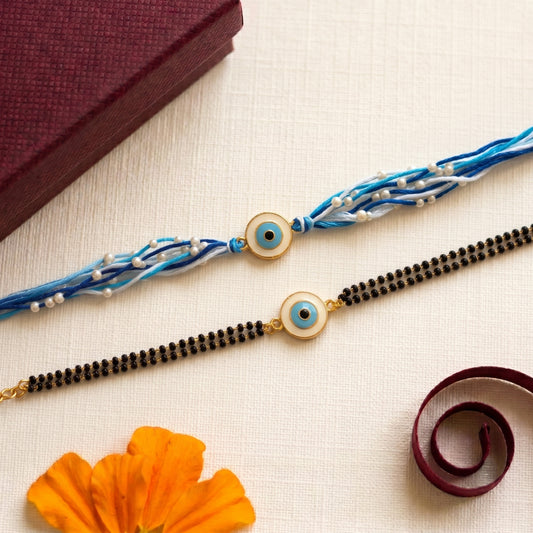 Evil Eye Bhaiya Bhabhi Rakhi Combo | Blue Thread Rakhi & Black Beaded Lumba Bracelet Set