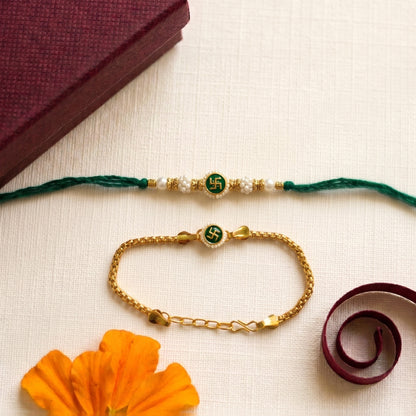 Swastik Bhaiya Bhabhi Rakhi Combo | Green Thread Rakhi & Gold Finish Lumba Bracelet Set