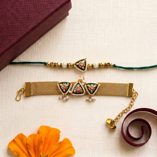 Green Meenakari Bhaiya Bhabhi Rakhi Combo | Triangle Floral Rakhi & Gold Finish Lumba Bracelet Set