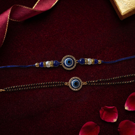 Evil Eye Bhaiya Bhabhi Rakhi Combo | Blue Evil Eye Rakhi & Matching Mangalsutra Style Lumba Set
