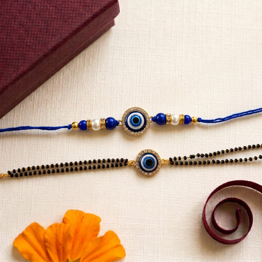 Evil Eye Bhaiya Bhabhi Rakhi Combo | Blue Evil Eye Rakhi & Matching Mangalsutra Style Lumba Set