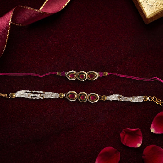 Ruby Stone Bhaiya Bhabhi Rakhi Combo | Pink Thread Rakhi & Pearl Lumba Bracelet Set