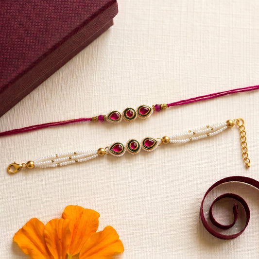 Ruby Stone Bhaiya Bhabhi Rakhi Combo | Pink Thread Rakhi & Pearl Lumba Bracelet Set