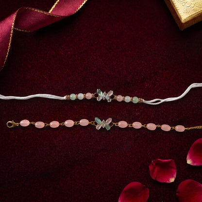 Pastel Floral Bhaiya Bhabhi Rakhi Combo | White Thread Rakhi & Pink Beaded Lumba Bracelet Set
