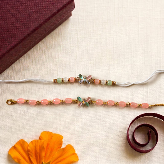 Pastel Floral Bhaiya Bhabhi Rakhi Combo | White Thread Rakhi & Pink Beaded Lumba Bracelet Set