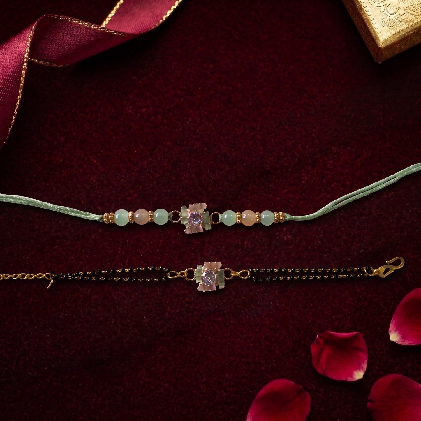 Pastel Crystal Bhaiya Bhabhi Rakhi Combo | Mint Green Rakhi & Mangalsutra Style Lumba Set