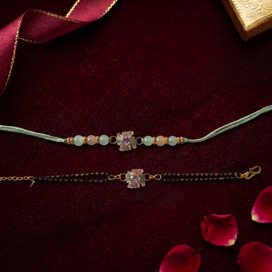 Pastel Crystal Bhaiya Bhabhi Rakhi Combo | Mint Green Rakhi & Mangalsutra Style Lumba Set