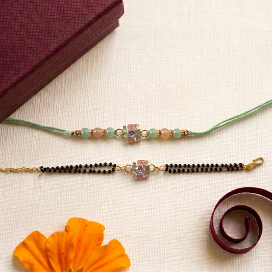 Pastel Crystal Bhaiya Bhabhi Rakhi Combo | Mint Green Rakhi & Mangalsutra Style Lumba Set