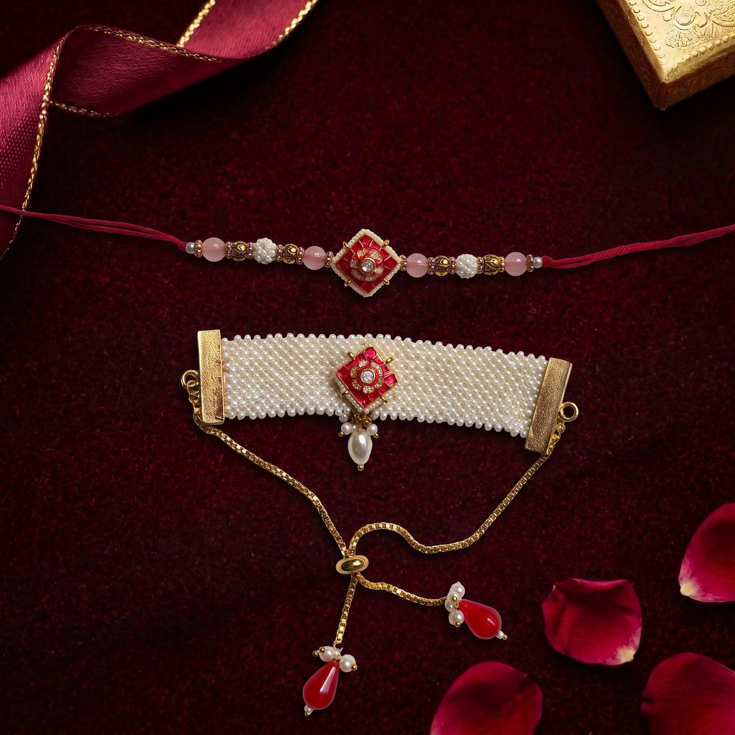 Pink Floral Bhaiya Bhabhi Rakhi Combo | Designer Thread Rakhi & Pearl Handcrafted