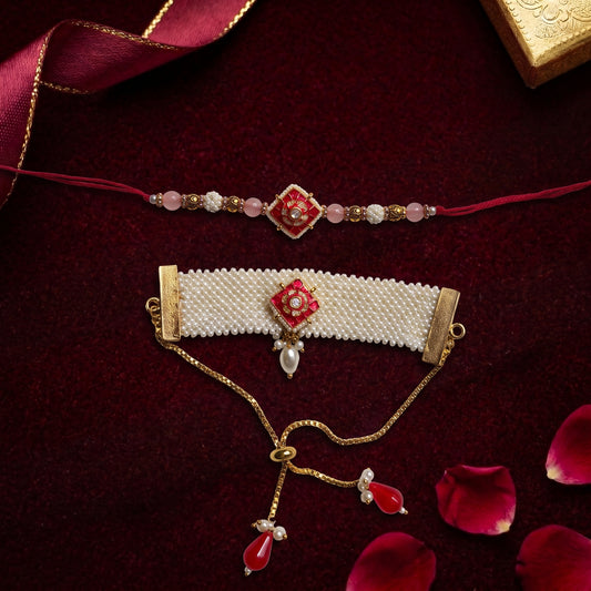 Pink Floral Bhaiya Bhabhi Rakhi Combo | Designer Thread Rakhi & Pearl Handcrafted