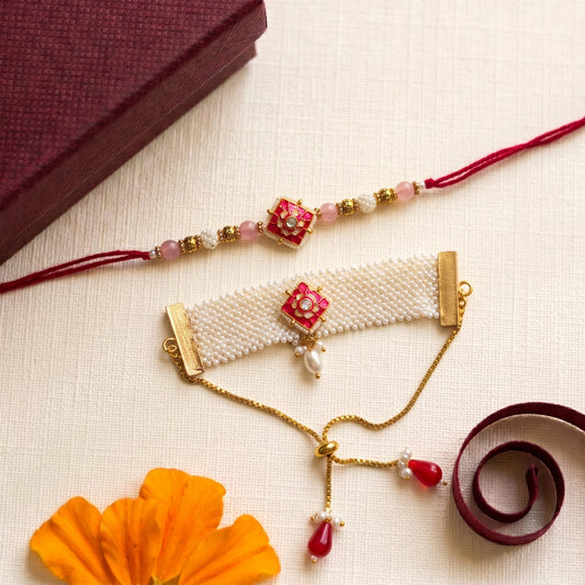 Pink Floral Bhaiya Bhabhi Rakhi Combo | Designer Thread Rakhi & Pearl Handcrafted