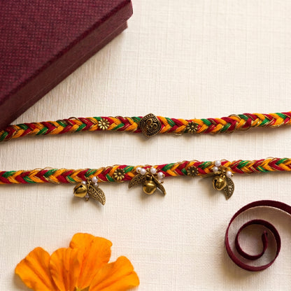 Om Bhaiya Bhabhi Rakhi Combo | Multicolor Braided Thread Rakhi & Designer Lumba Bracelet Set