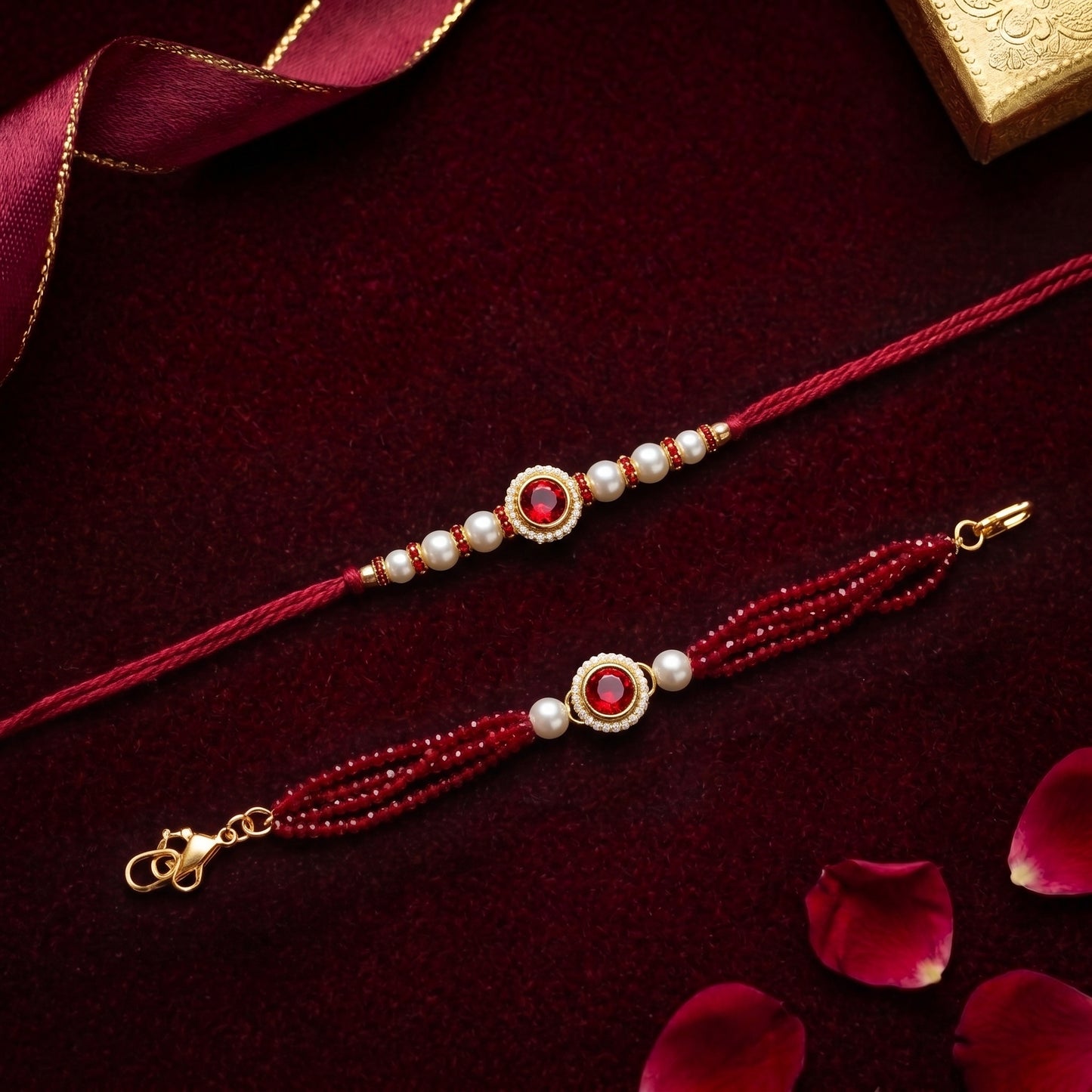 Ruby Red Stone Bhaiya Bhabhi Rakhi Combo | Pearl & Crystal Rakhi with Elegant Multi-Strand Lumba Bracelet
