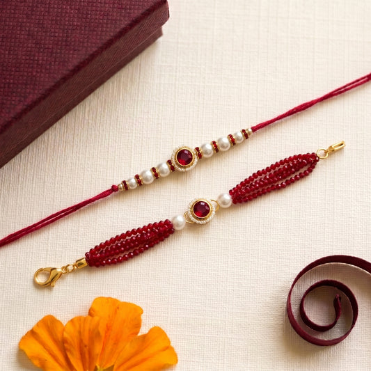 Ruby Red Stone Bhaiya Bhabhi Rakhi Combo | Pearl & Crystal Rakhi with Elegant Multi-Strand Lumba Bracelet