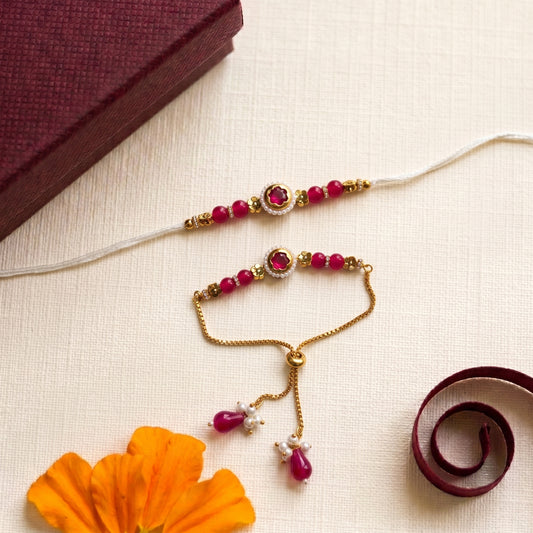 Pink Stone Bhaiya Bhabhi Rakhi Combo | Floral Pearl Rakhi with Adjustable Bracelet Lumba Set