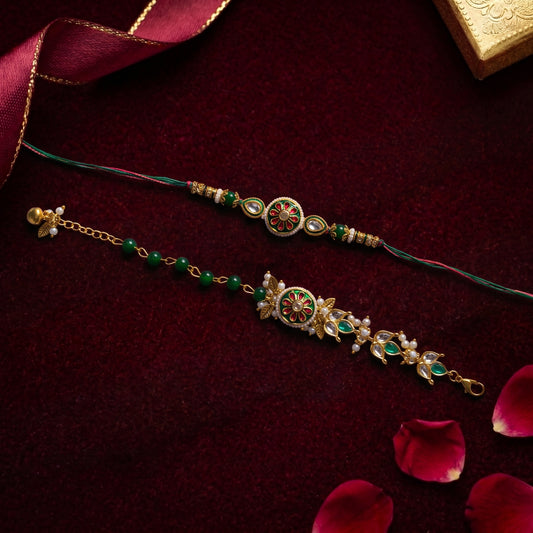 Traditional Green Floral Bhaiya Bhabhi Rakhi Combo | Kundan Rakhi with Designer Floral Lumba Bracelet