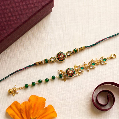 Traditional Green Floral Bhaiya Bhabhi Rakhi Combo | Kundan Rakhi with Designer Floral Lumba Bracelet