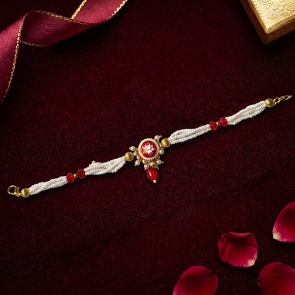 Pink Floral Pearl Bhabhi Bracelet with Ruby Drop